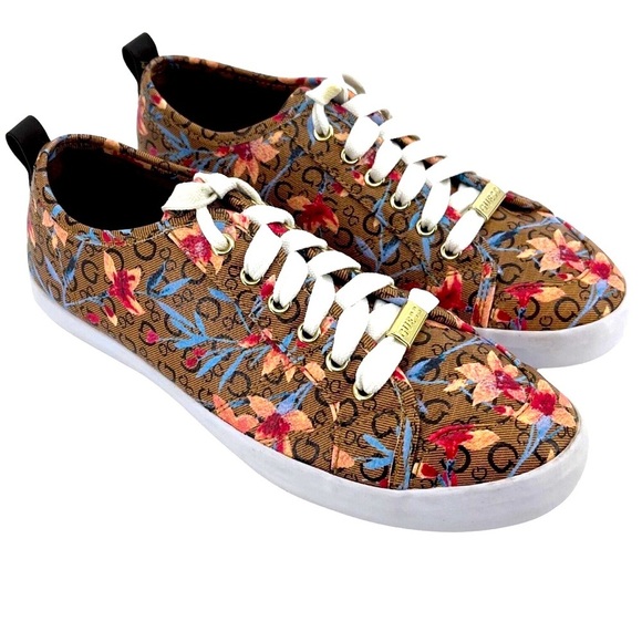 Guess NEW Goodlie Floral Patterned Coated Canvas Sneakers Lace-Up, Women’s Sz 10 - Picture 1 of 11